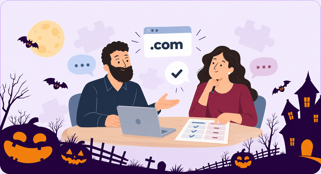 A buyer and seller calmly compare a domain offer, illustrated in the DomainAgents character style.